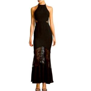 Fame and Partners Black Halter Lace-Panel Evening Gown